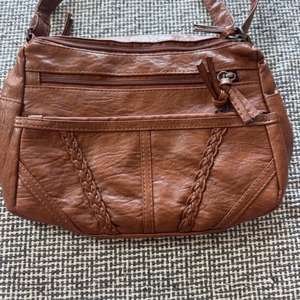 Brown Vegan Leather Multi-Pocket Crossbody Bag Braided Detail Boho Organizer